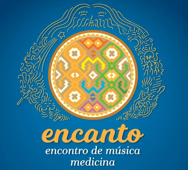 Encanto logo: a colourful mandala surrounded by golden line drawings on a blue background