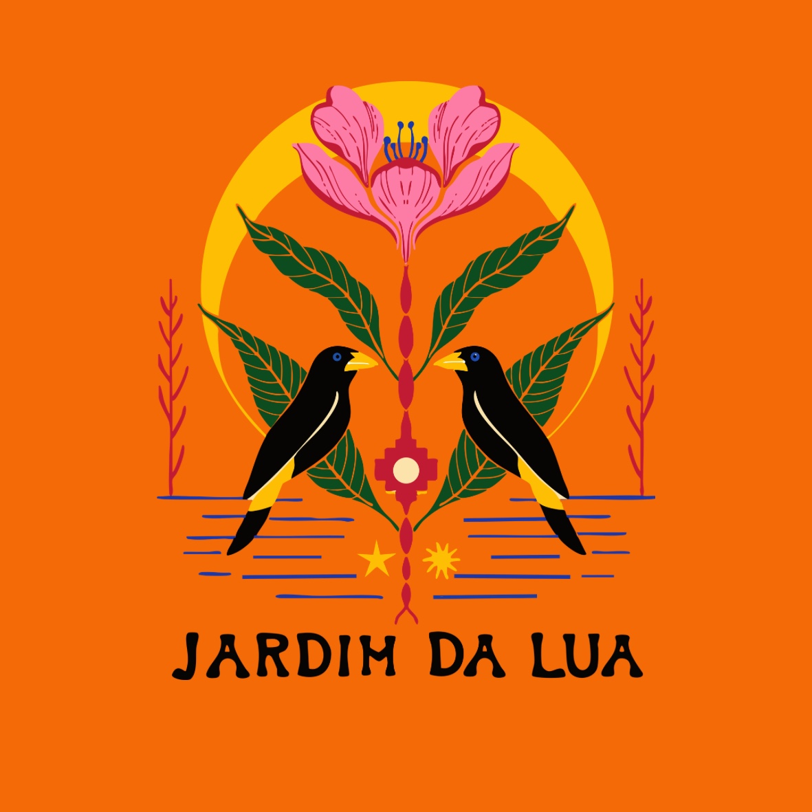 Jardim da Lua logo: two birds, a flower and the moon on an orange background